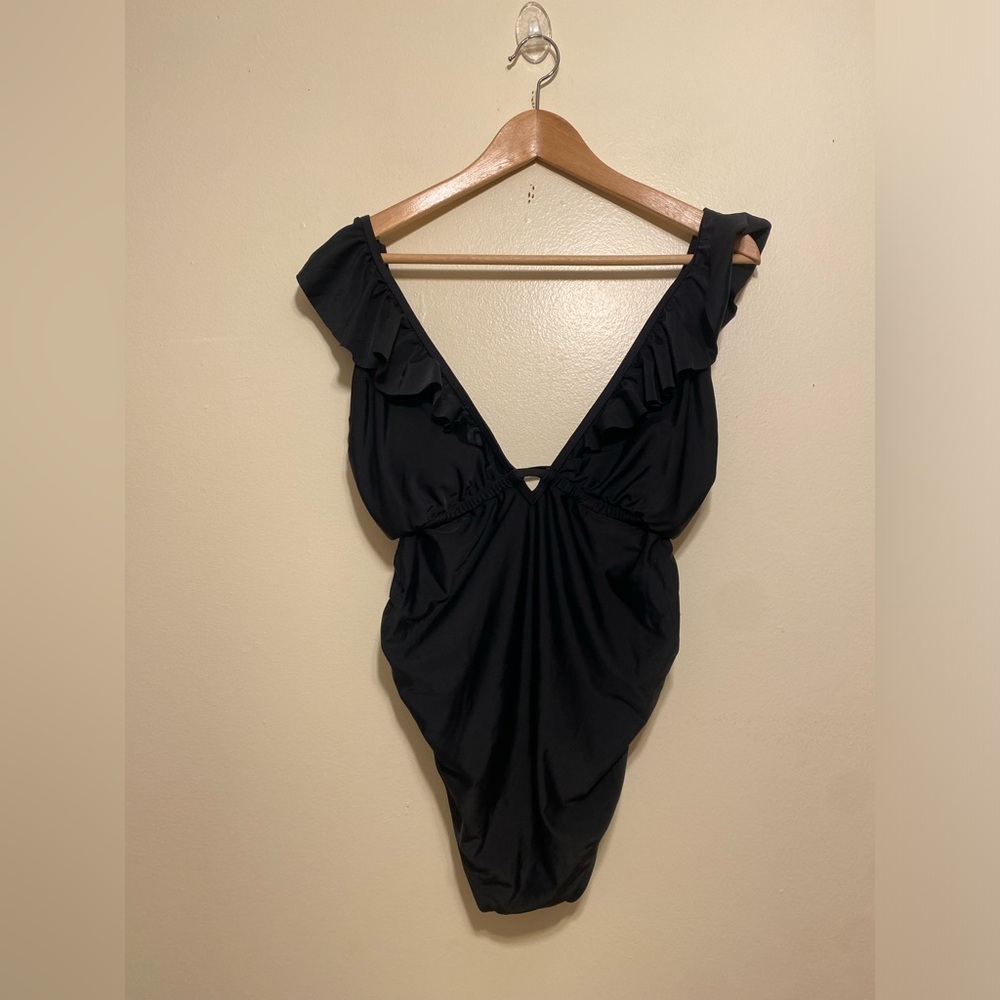 Pinkblush Black Ruffled One-Piece Swimsuit with Gold Hardware. Size M. New